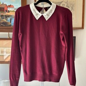 Milano Women's Burgundy Sweater with Embellished White Collar